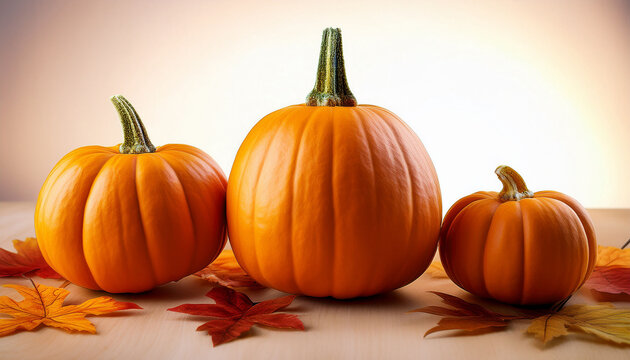 Three Pumpkins Of Different Sizes Are Arranged On A Table With Some Leaves
