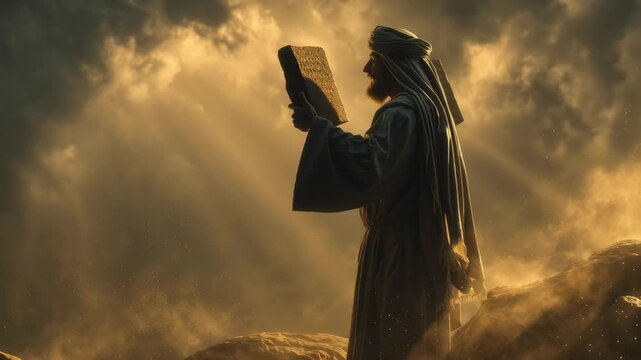 Moses holding the ten commandments on tablets with divine light in a desert landscape as ancient biblical history footage.