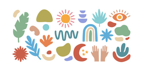 Pastel boho icon bundle in flat colored style. Perfect for branding, wall art, posters, and aesthetic creative projects.