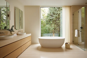 Luxury bathroom with freestanding tub, double sinks, glass shower, and large window overlooking greenery.  
