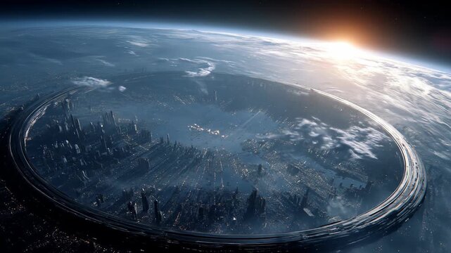 Futuristic orbiting city concept video, advanced civilization on Earth