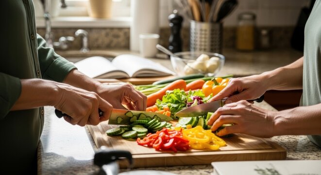 Two individuals prepare a meal together, slicing fresh vegetables on a wooden cutting board, with a sunny kitchen backdrop featuring natural light and a collection of vibrant, colorful ingredients.
