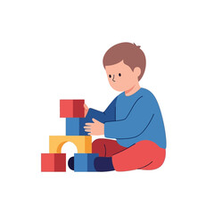 A young boy sits on the floor, intently stacking colorful building blocks to create a tower, engaging in creative play.