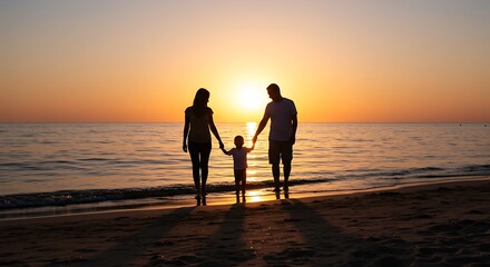 Fototapeta premium Family Silhouette at Sunset Beach: Togetherness & Golden Hour