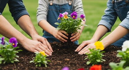 Fototapeta premium Family Gardening: Planting Pansies Together in Spring