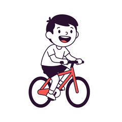 A cheerful young boy with dark hair joyfully rides a red bicycle, his mouth open in a wide smile, enjoying an outdoor activity.