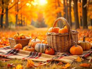 Autumn harvest pumpkins in a basket on a blanket
