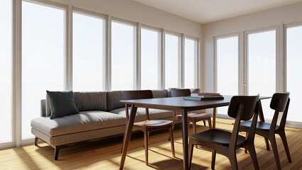 Fototapeta premium Modern dining-living area with wooden table, mid-century chairs, and floor-to-ceiling windows flooding space with daylight. 