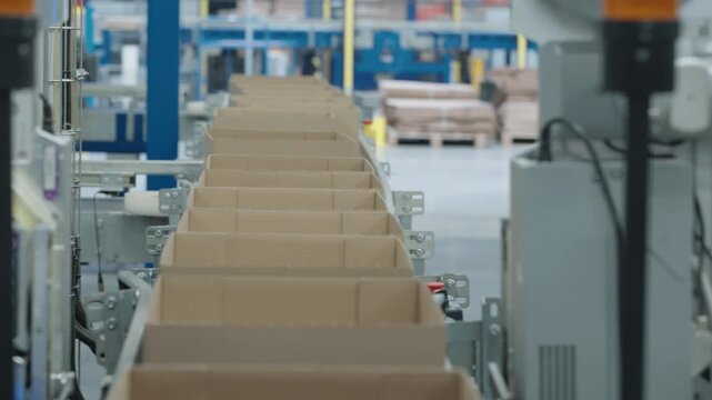 Boxes moving along a conveyor belt getting ready to be shipped in a factory in France.