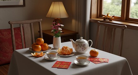 Fototapeta premium Lunar New Year Tea Ceremony: A Cozy Celebration