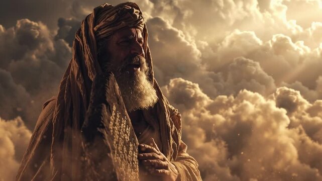 Moses on Mount Sinai with the ten commandments, a prophet holding ancient stone tablets in a sacred cloudscape, biblical history footage.