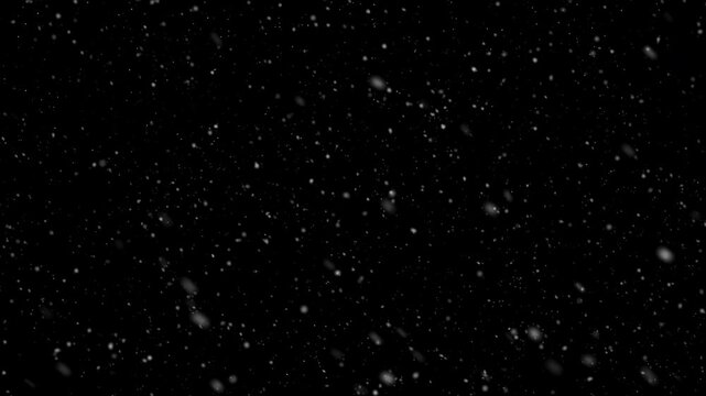Seamless loop 3D animation of soft snowflakes falling gently in a calm winter snowfall. Natural snow flurry atmosphere, isolated on an alpha channel for easy integration into seasonal scenes. 4K.