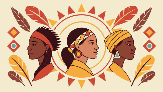 Three indigenous women's profiles are displayed with tribal decorations in earth tones