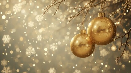 Holiday background with yellow Christmas baubles and snowflakes.
