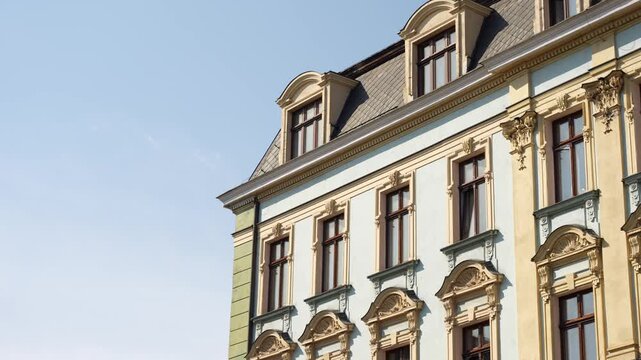 Ornate Historic Facade of Colorful Townhouse in Wroclaw, Poland