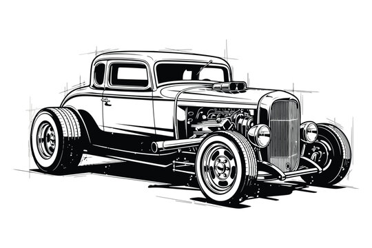 Vector art of detailed black and white illustration of a classic hot rod car, , showcasing its iconic design and powerful engine, perfect for automotive enthusiasts