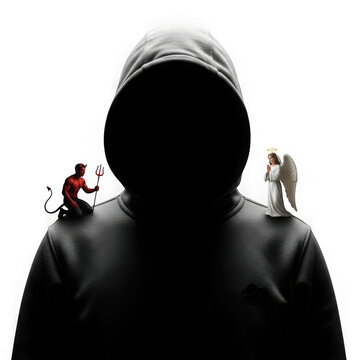 A person in a dark hoodie with an angel on one shoulder and a devil on the other, isolated on transparent background