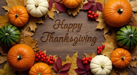 Happy Thanksgiving border frame with dried leaves and pumpkins for festive autumn designs. Top view flat lay Thanksgiving border with pumpkins