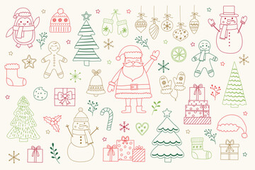 Fototapeta premium Set with cute cartoon Christmas decorations. X-mas clip arts: Santa Claus, snowman, cookie and tree. Vector illustration