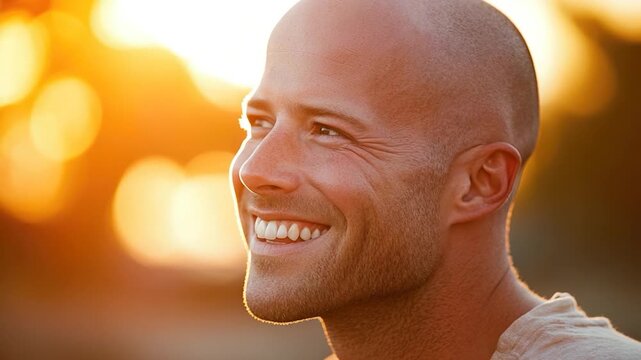 A person with a bald head smiling directly into the camera