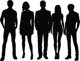  five young adults standing together in a row silhouette vector