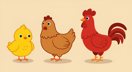 Cartoon illustration showcasing the life cycle of chicken featuring chick hen and rooster