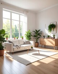 Fototapeta premium Sun-drenched minimalist living room with houseplants