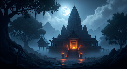 Mystical Night Scene at Temple Maha Shivaratri Atmosphere