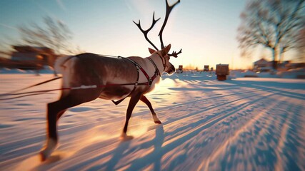 Reindeer sleigh snow winter sunset motion harness travel exhilaration across frosty trail golden light with snowy landscape - Powered by Adobe