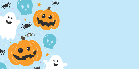 Cute Halloween background with hand drawn pumpkins, ghosts and skulls. Vector illustration