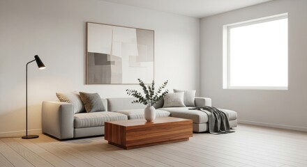 Interior view reveals a contemporary living space with a modern gray sectional sofa, a wooden coffee table, and decorative elements, accentuated by a sleek floor lamp casting a soft glow alongside