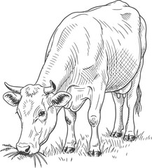 Fototapeta premium Cow grazing on green grass. Farm animal eating pasture. Hand drawn sketch style. Agriculture and livestock concept. Vector illustration for print, dairy product packaging