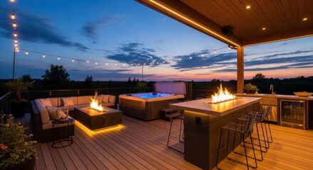 Evening view of an outdoor entertainment area with a built-in fire pit, a hot tub, and bar seating under a wooden structure with string lights. The twilight sky displays vibrant colors.