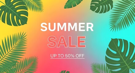 Fototapeta premium Summer Sale Promotion with Tropical Leaves and Vibrant Gradient Background.