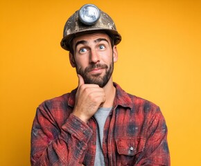 A thoughtful man in a red and black checkered shirt, wearing a miner's helmet with a headlamp, poses against a bright yellow background, conveying a contemplative mood.