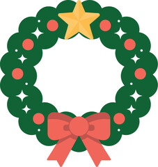 A christmas wreath with a gold star, red ornaments, and a red ribbon bow tie