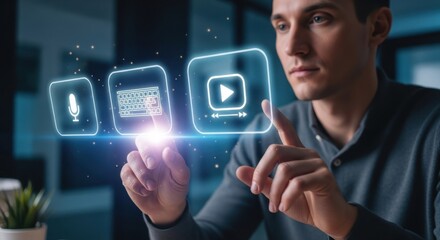 Man interacting with futuristic digital holographic icons of media and technology