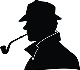 Sherlock Holmes in profile view with deerstalker hat, coat, and pipe, minimalist detective silhouette vector