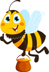 Flying with honey jug bee bug character. Bee insect funny cartoon character, bumblebee animal cheerful vector isolated personage. Honeybee baby happy mascot collecting and carrying honey