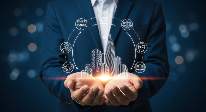 Businessman holding digital city and ethical business icons skyscraper