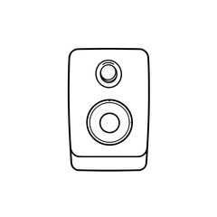 Simple line art audio speaker illustration on white background. Modern audio speaker design featuring two circular cones, representing sound output. Minimalist audio speaker concept for technology,