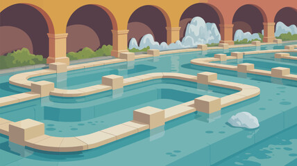 A cartoon illustration of an aqueduct with water flowing through it under a series of arches and stone paths