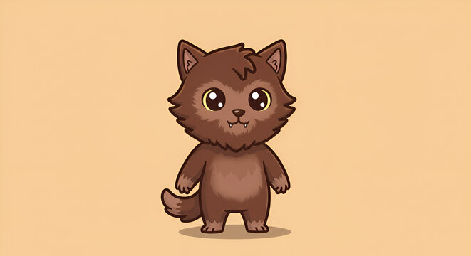 Adorable Cartoon Werewolf Character with Big Eyes and a Cute Grin on Plain Background