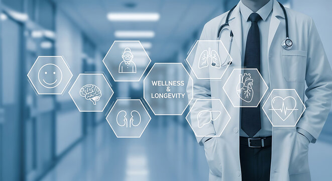 Doctor with medical icons for wellness and longevity in hospital corridor healthcare