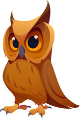 Cartoon Halloween scary owl character, isolated vector owlet, wise, enchanting creature with brown feathers and large, piercing eyes, embodying the wisdom, magic and mystery of the spooky season