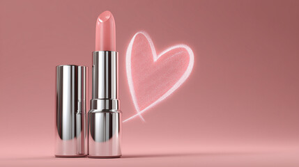 Elegant lipstick with shimmering heart for Valentine's Day promotions, perfect for beauty blogs, makeup tutorials, and romantic social media campaigns