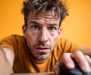 Close-up portrait of a man with an expressive, surprised facial expression, captured against a vibrant mustard yellow backdrop.
