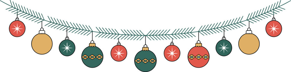Christmas garland with ornaments hanging from a green pine branch design