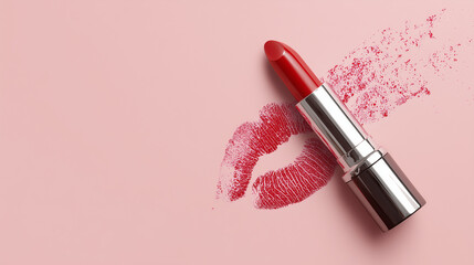 Bold red lipstick with kiss mark, a classic symbol of glamour, beauty, and romance; perfect for makeup tutorials, beauty blogs, and cosmetic ads