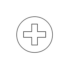 Obraz premium Plus sign in black and white graphic features cross symbol icon inside circle. Conceptual plus sign indicates addition, positive values and medical care, first aid symbol in minimalist design.